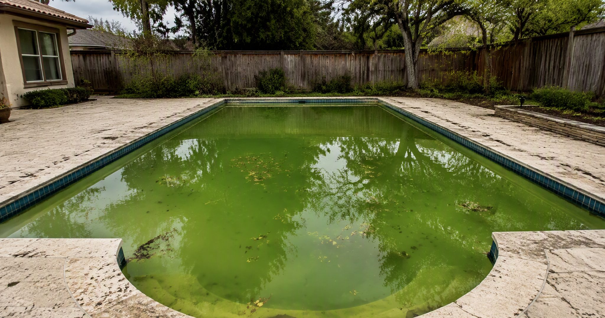 A neglected swimming pool with opaque green algae-covered water and leaves on the surface