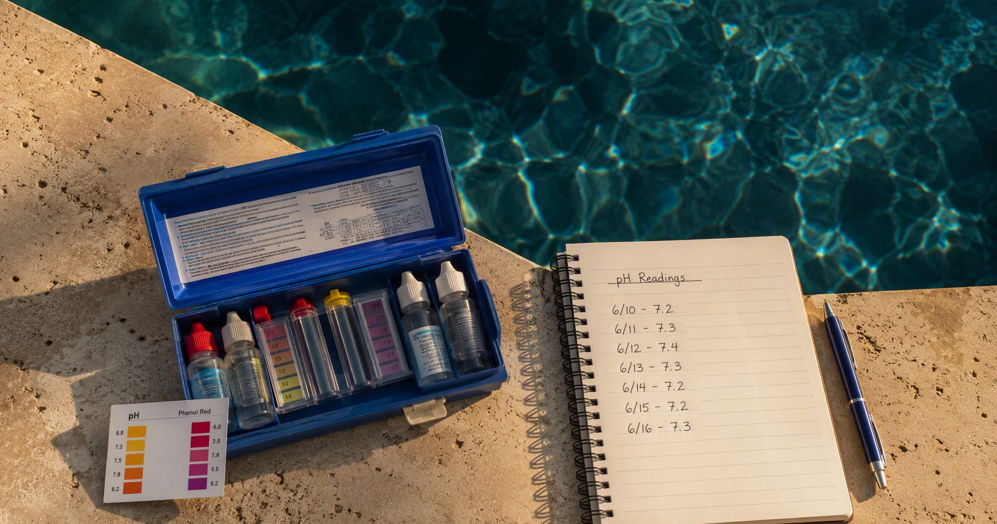 A row of water test vials in shades of blue held against a sparkling pool