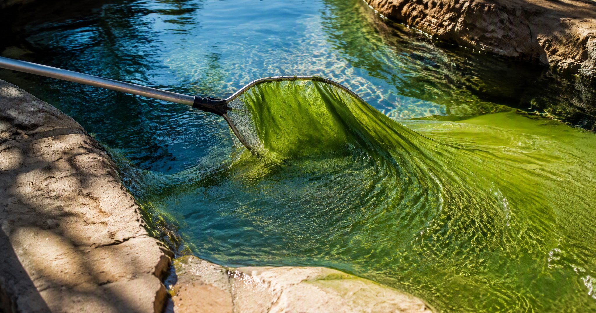 A swimming pool with opaque green algae-filled water beside a clear test vial