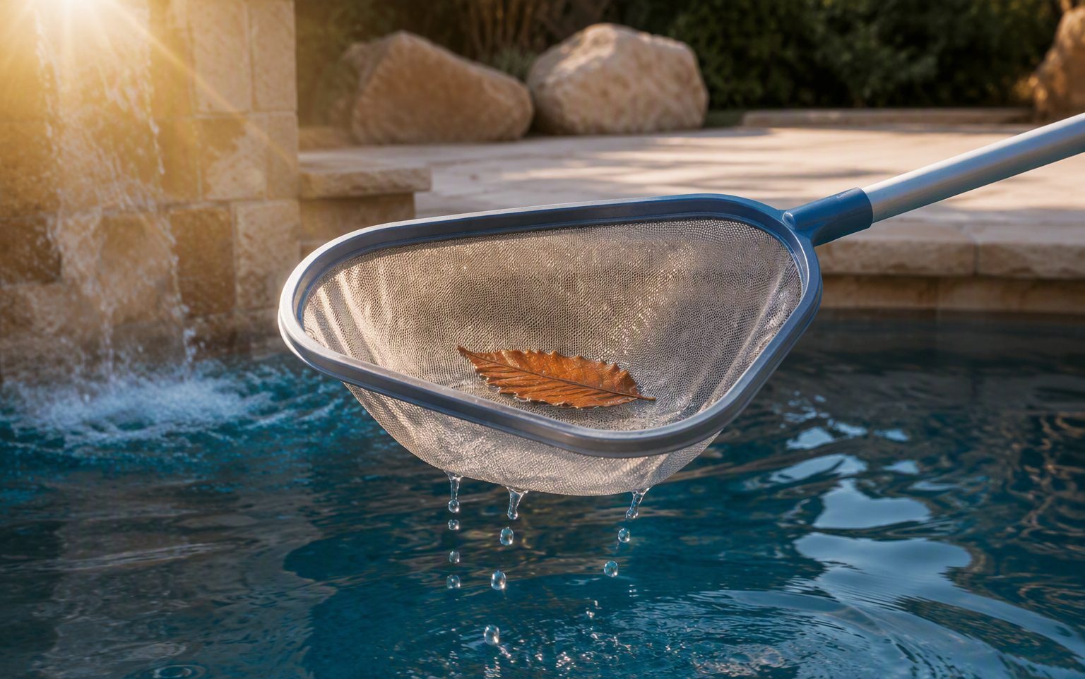 A fine-mesh skimmer net lifting a single leaf from brilliant clear water